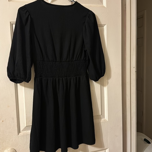 Black Button Front Fitted Puff Sleeve Skater Dress - Picture 6 of 8